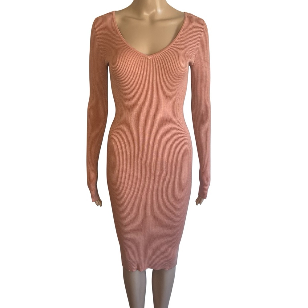 Forever 21 Solid Peach Orange V-Neck Ribbed Long Sleeve Bodycon Midi Dress